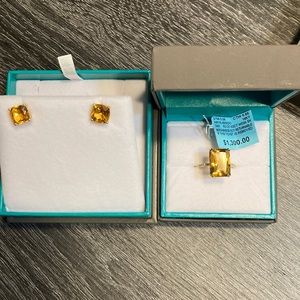 Matching citrine cushion cut ring with diamond band and earrings
